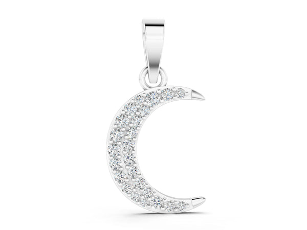 Silver Pavé Round Diamond Crescent Pendant with Four-Prong Setting