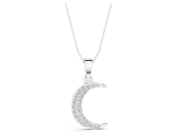 White gold Pavé Round Diamond Crescent Pendant with Four-Prong Setting