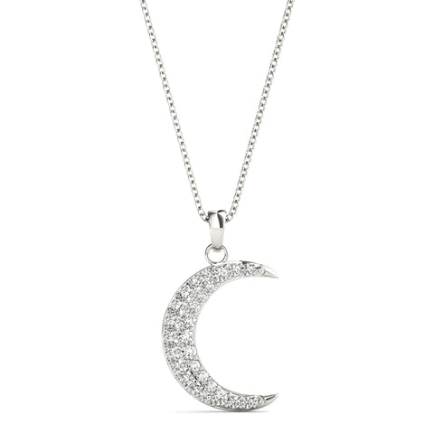 White gold Pavé Round Diamond Crescent Pendant with Four-Prong Setting