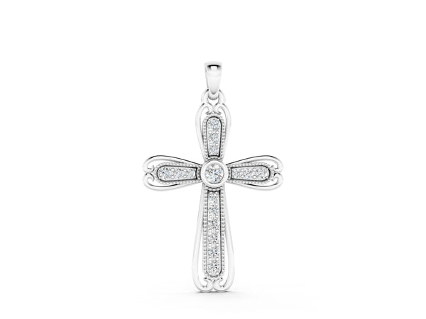 White gold Pavé Round Diamond Cross Pendant with Bezel Setting