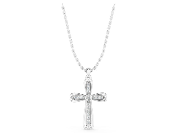 White gold Pavé Round Diamond Cross Pendant with Bezel Setting