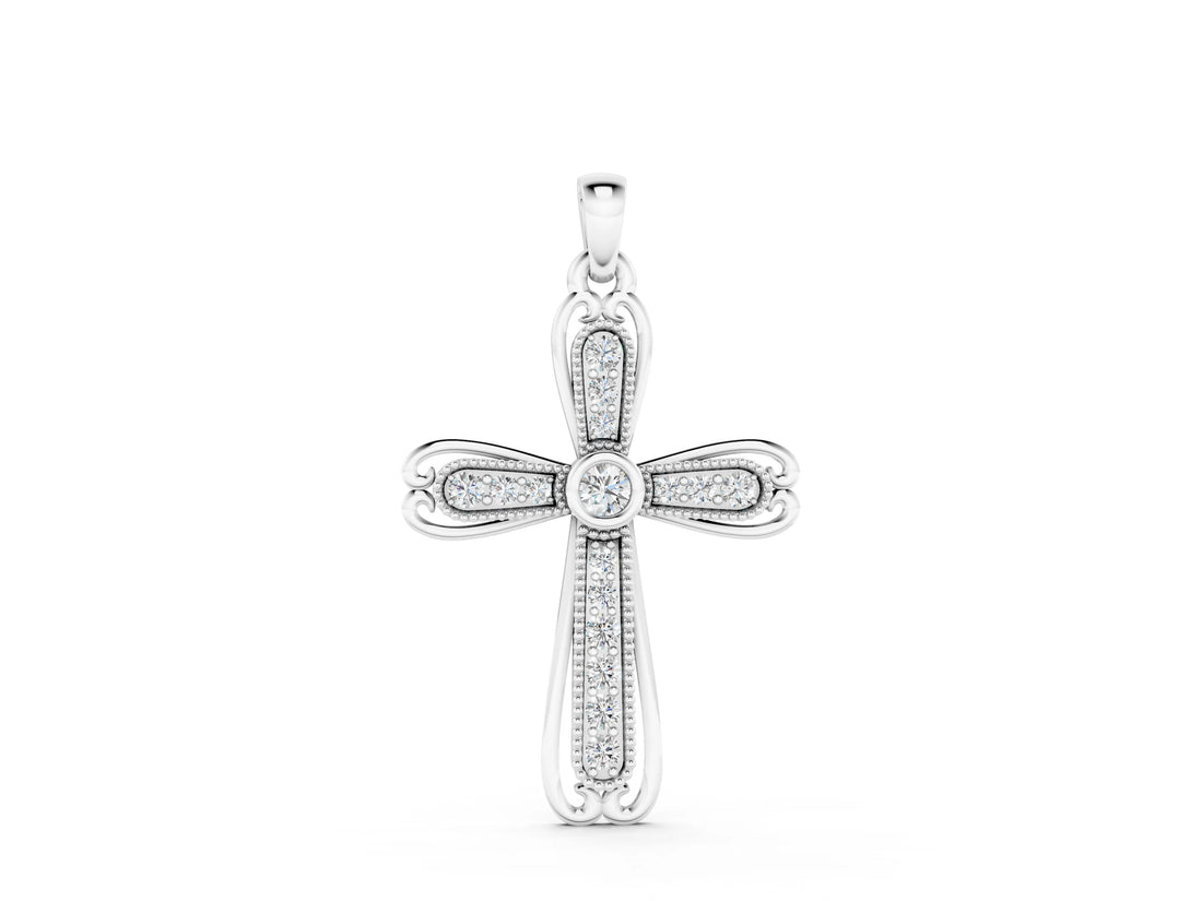 White gold Pavé Round Diamond Cross Pendant with Bezel Setting_44