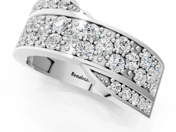 White gold Pavé Round Diamond Crossover Band with Bead Prong Setting