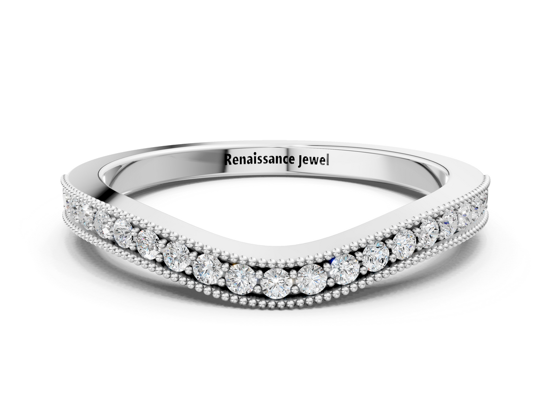 White gold Pavé Round Diamond Curved Band with Milgrain Edge_12