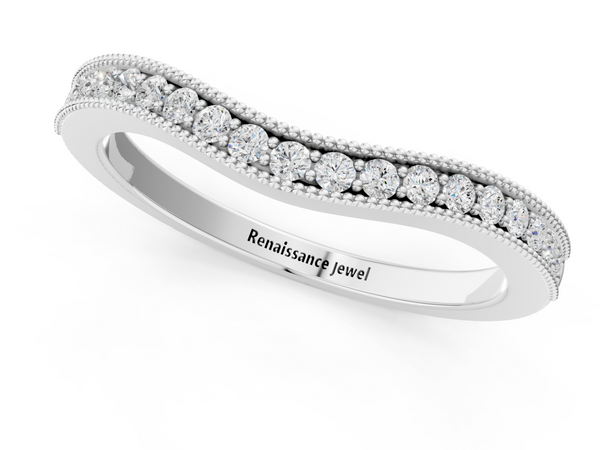 White gold Pavé Round Diamond Curved Band with Milgrain Edge