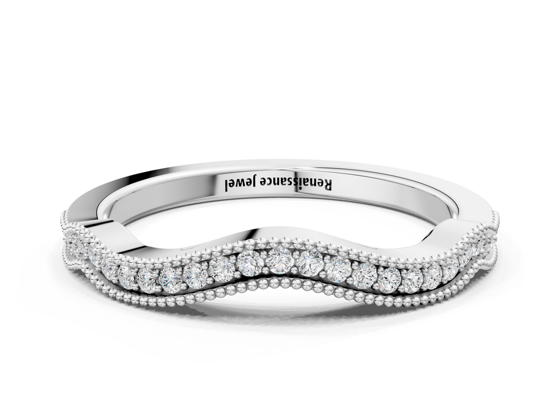 White gold Pavé Round Diamond Curved Milgrain Band_12