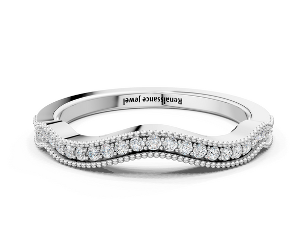 Silver Pavé Round Diamond Curved Milgrain Band