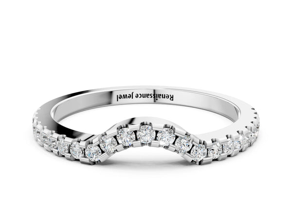 Silver Pavé Round Diamond Curved Wedding Band with Shared Prong Setting