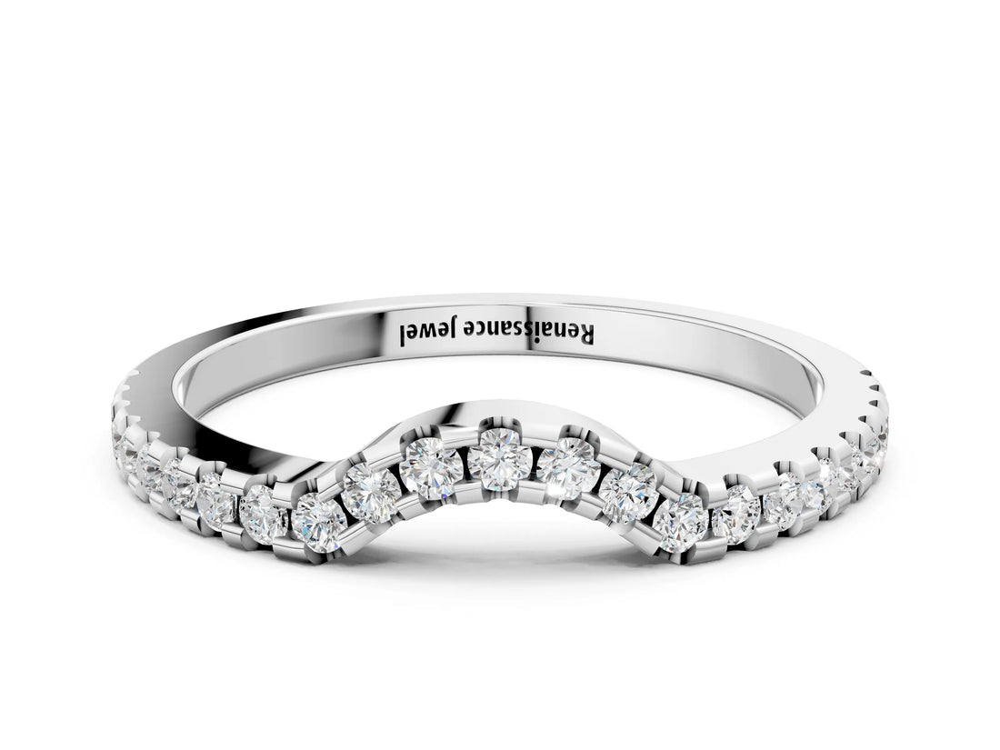 10K White Gold Pavé Round Diamond Curved Wedding Band with Shared Prong Setting