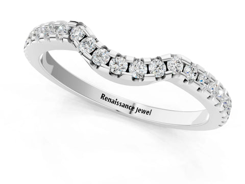 10K White Gold Pavé Round Diamond Curved Wedding Band with Shared Prong Setting