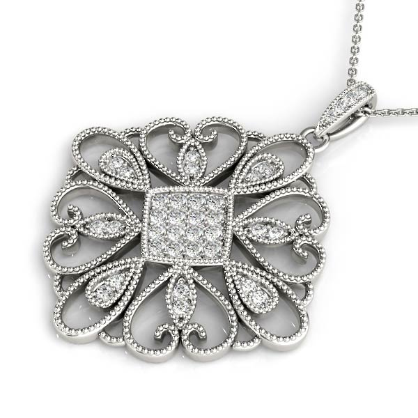 White gold Pavé Round Diamond Filigree Pendant with Milgrain Detail