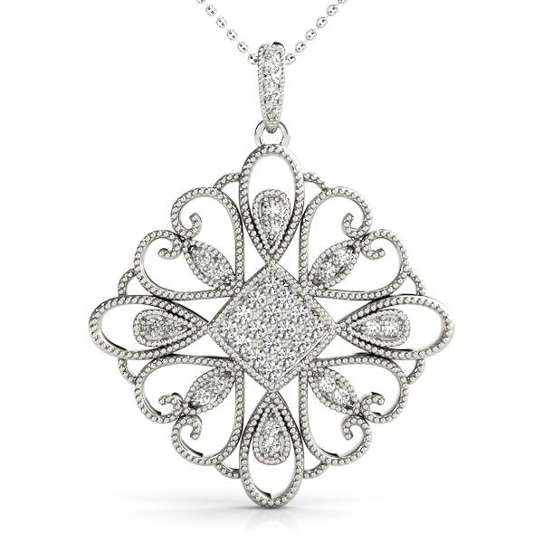 White gold Pavé Round Diamond Filigree Pendant with Milgrain Detail