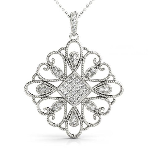 White gold Pavé Round Diamond Filigree Pendant with Milgrain Detail