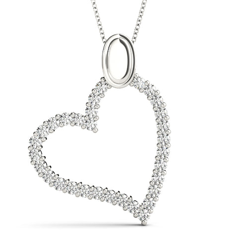 White gold Pavé Round Diamond Heart Pendant with Shared Prong Setting