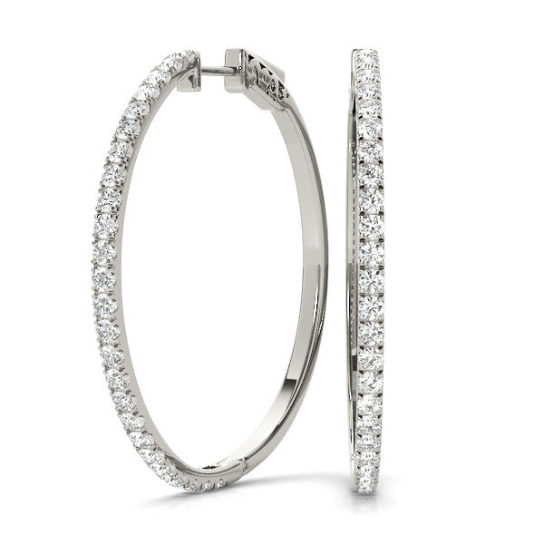 White gold Pavé Round Diamond Hoop Earrings with Hinged Snap Closure