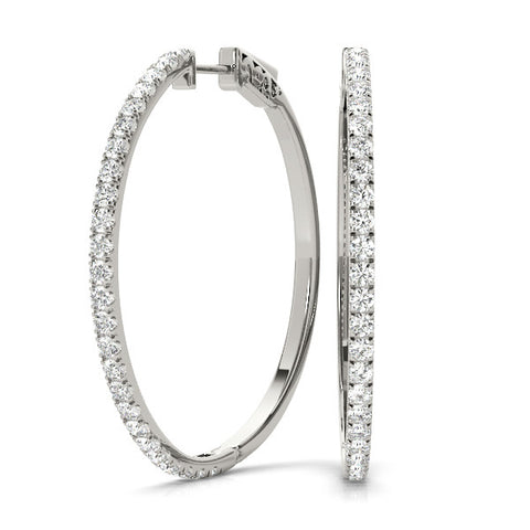 White gold Pavé Round Diamond Hoop Earrings with Hinged Snap Closure