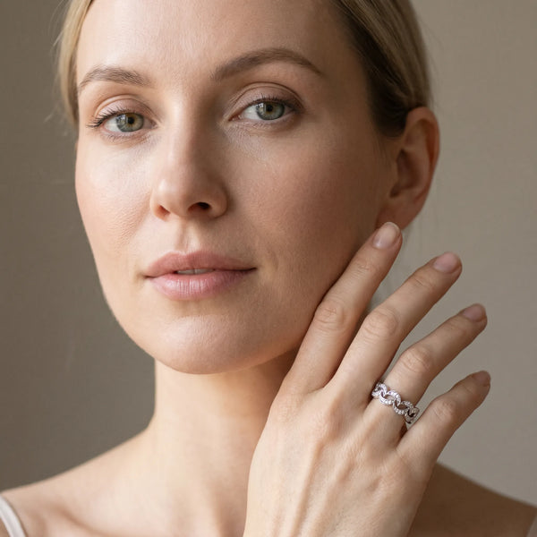 White gold Pavé Round Diamond Interlocking Eternity Band with Bezel Prong Setting