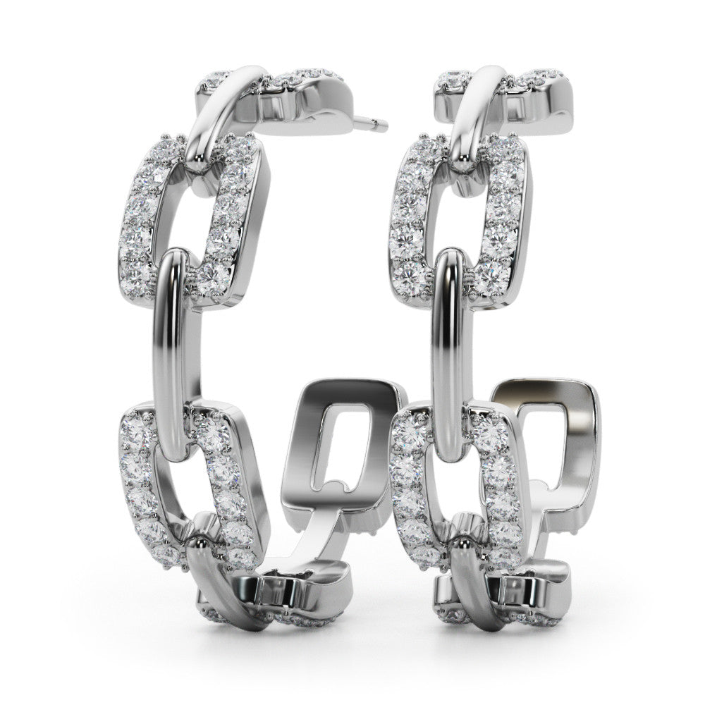 White gold Pavé Round Diamond Link Hoop Earrings with Prong Setting 1