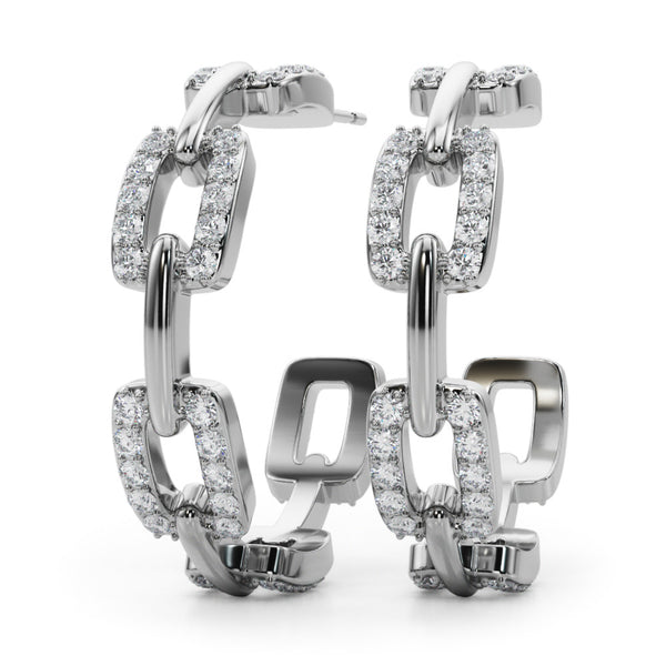 White gold Pavé Round Diamond Link Hoop Earrings with Prong Setting