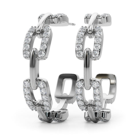 White gold Pavé Round Diamond Link Hoop Earrings with Prong Setting 1