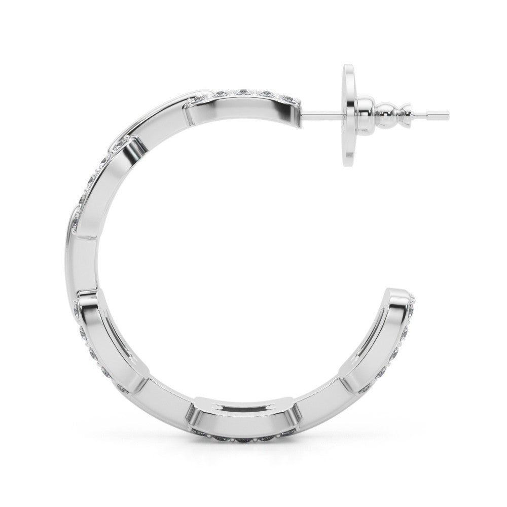 White gold Pavé Round Diamond Link Hoop Earrings with Prong Setting 2