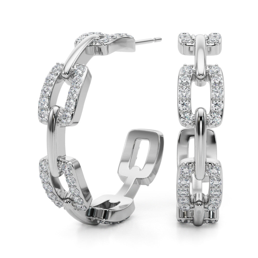 White gold Pavé Round Diamond Link Hoop Earrings with Prong Setting