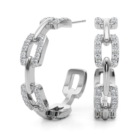 White gold Pavé Round Diamond Link Hoop Earrings with Prong Setting