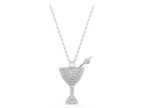 Silver Pavé Round Diamond Martini Glass Pendant with Bezel Prong Setting