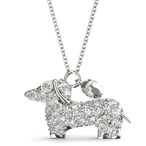 White gold Pavé Round Diamond Prong-Set Dachshund Pendant