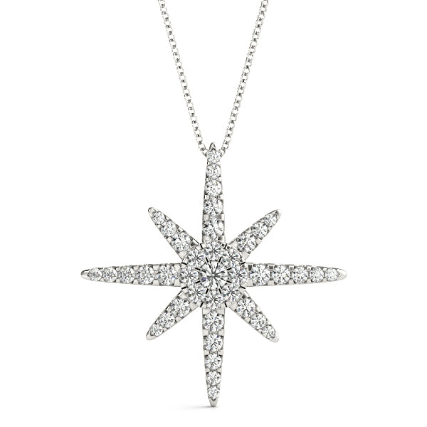 Silver Pavé Round Diamond Starburst Pendant with Four-Prong Setting
