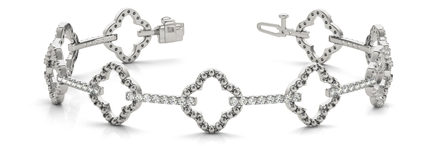 White gold Pavé Round Diamond Station Bracelet with Open Clover Links
