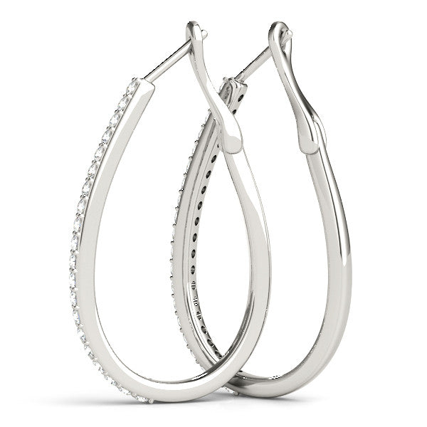 White gold Pavé Round Diamond Teardrop Hoop Earrings with Hidden Hinged Setting