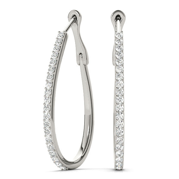 White gold Pavé Round Diamond Teardrop Hoop Earrings with Hidden Hinged Setting