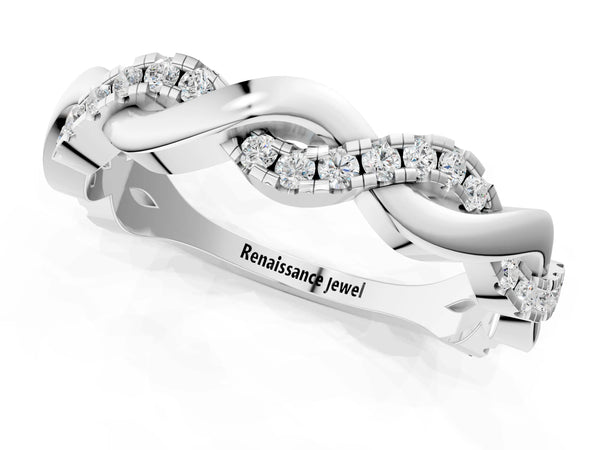 Platinum Pavé Round Diamond Twist Eternity Band with Shared Prong Setting
