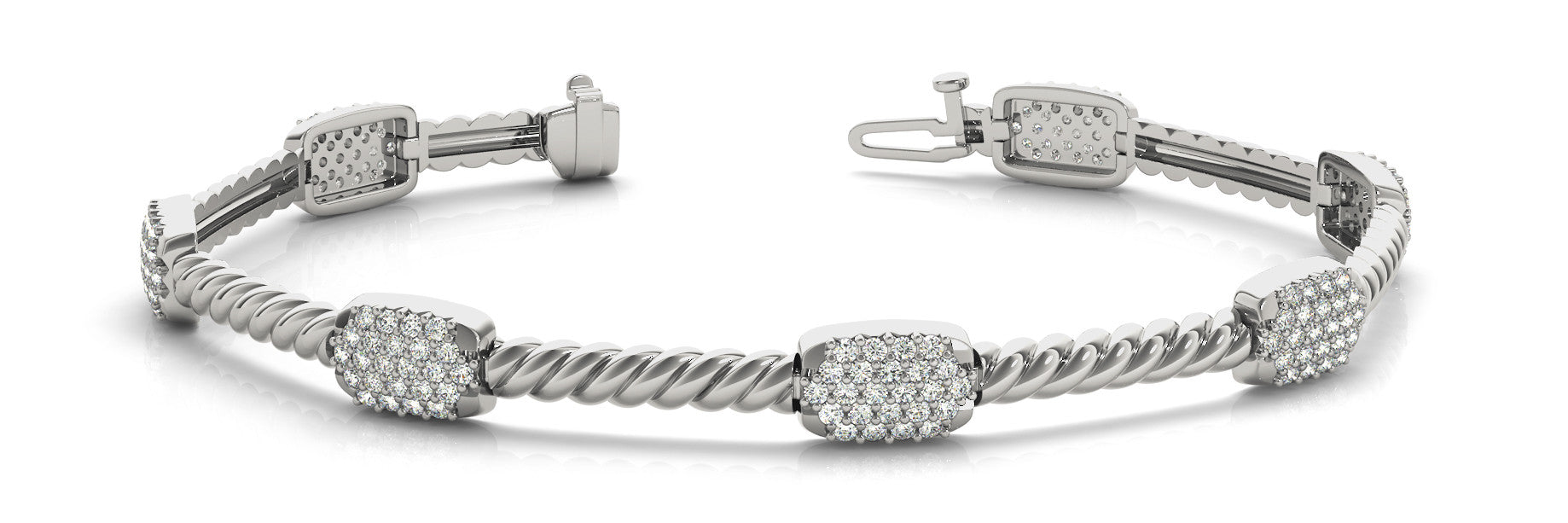 White gold Pavé Round Diamond Twist Link Bracelet with Box Clasp