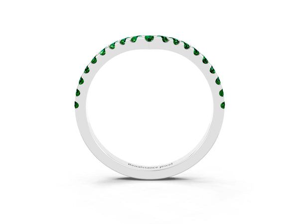 Platinum Round Lab-Grown Emerald Pave Chevron Curved Wedding Band with Shared Prongs