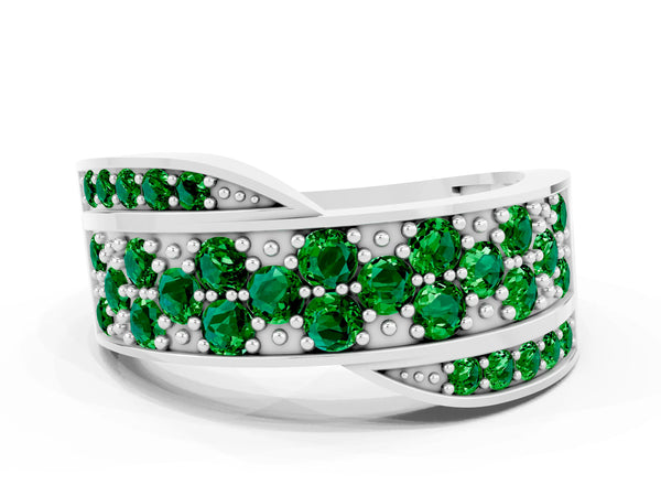Silver Pavé Round Emerald Crossover Band with Bead Prong Setting