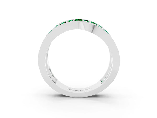 Platinum Pavé Round Emerald Crossover Band with Bead Prong Setting