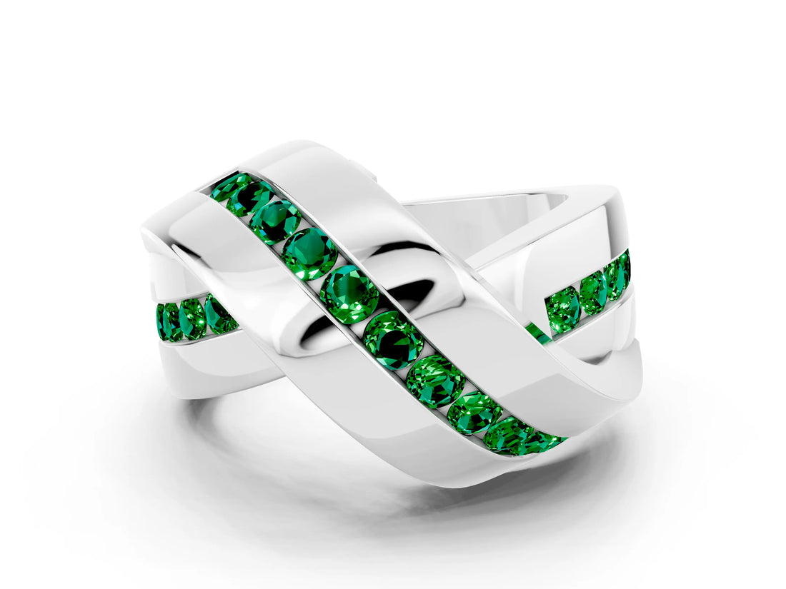 White gold Pavé Round Emerald Crossover Band with Channel Setting_6