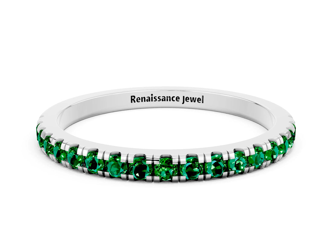 White gold Pavé Round Emerald Half Eternity Band with Shared Prong Setting_6