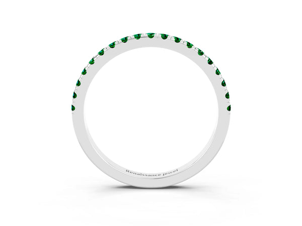 Platinum Round Lab-Grown Emerald Slim Pave Half Eternity Band with Shared Prongs