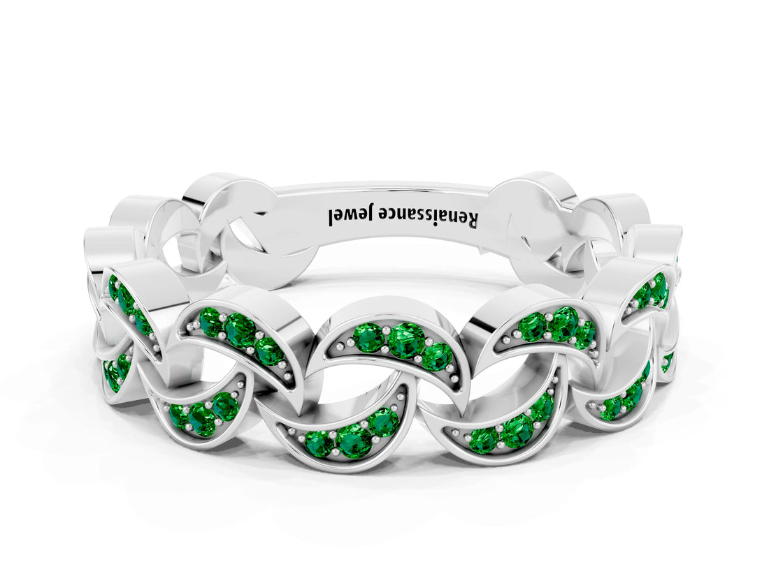 White gold Pavé Round Emerald Interlocking Eternity Band with Bezel Prong Setting_6