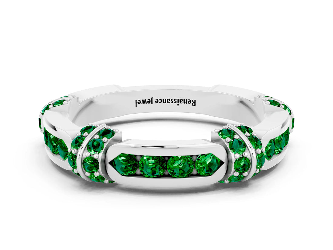 White gold Pavé Round Emerald Link Band with Bezel Setting_18