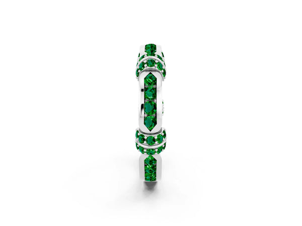 Sterling Silver Lab-Grown Emerald Pave Link Wedding Band with Channel Set Top Panel