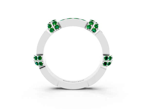 Sterling Silver Lab-Grown Emerald Pave Link Wedding Band with Channel Set Top Panel