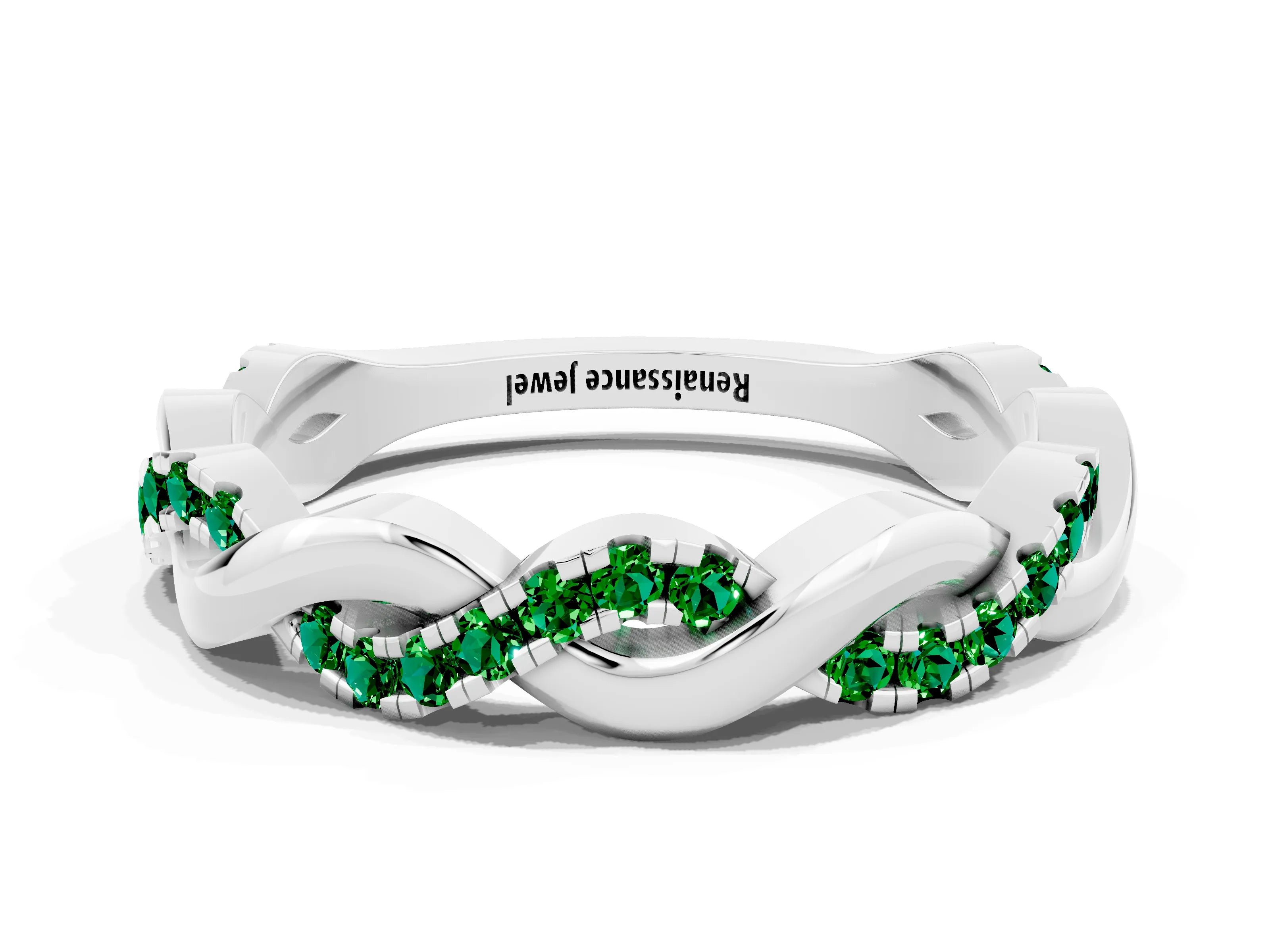 White gold Pavé Round Emerald Twist Eternity Band with Shared Prong Setting_6