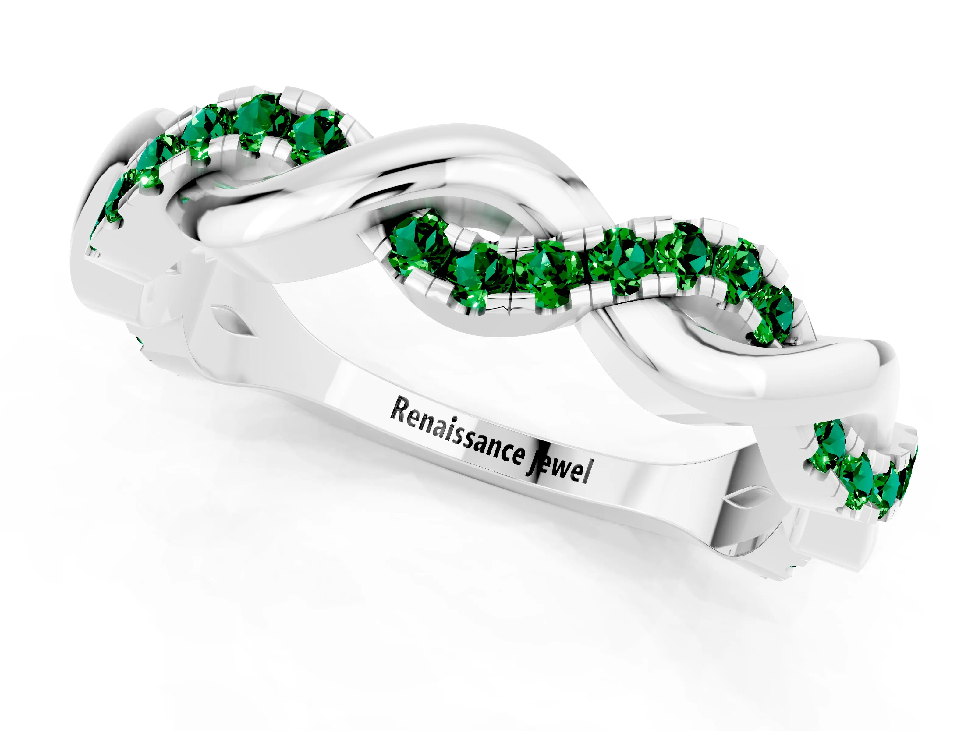 White gold Pavé Round Emerald Twist Eternity Band with Shared Prong Setting_7