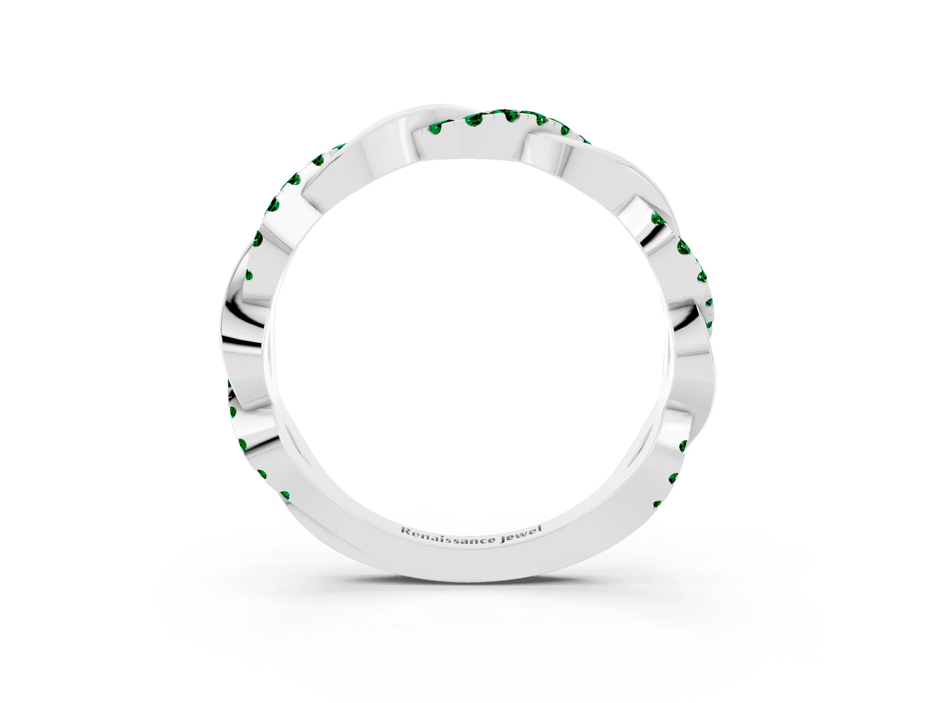 White gold Pavé Round Emerald Twist Eternity Band with Shared Prong Setting_9