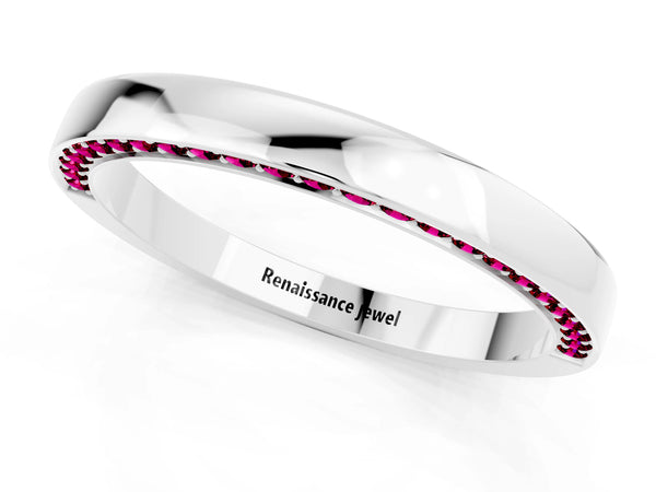 Platinum Round Garnet Side Pave Half Eternity Band with Plain Top