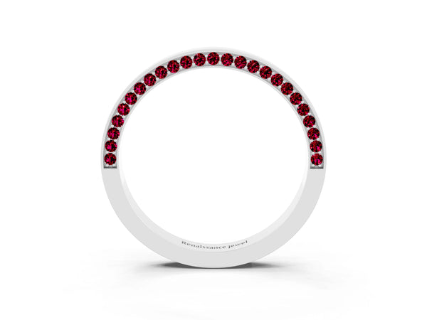 Platinum Round Garnet Side Pave Half Eternity Band with Plain Top